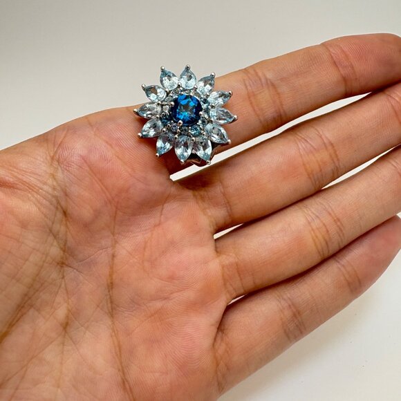 Sterling Silver 925 Pale Blue Cubic Zirconia Sunburst Design Cocktail Ring Sz 9 - Picture 10 of 12